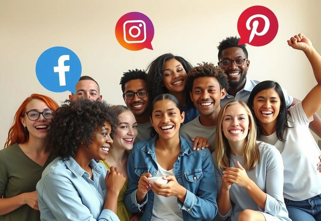 Social media icons and a woman smiling, representing connection and community