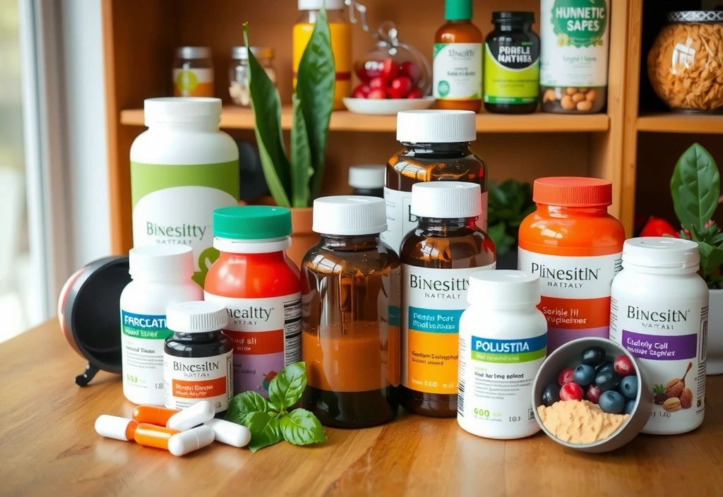 A collection of colorful and natural health supplements in various bottles and containers, arranged neatly on a wooden table. Some supplements are in pill form, others are powders, and there might be a small bowl of fresh berries or nuts nearby to emphasize natural ingredients. The lighting is bright and inviting, suggesting health and vitality. No text or branding visible.