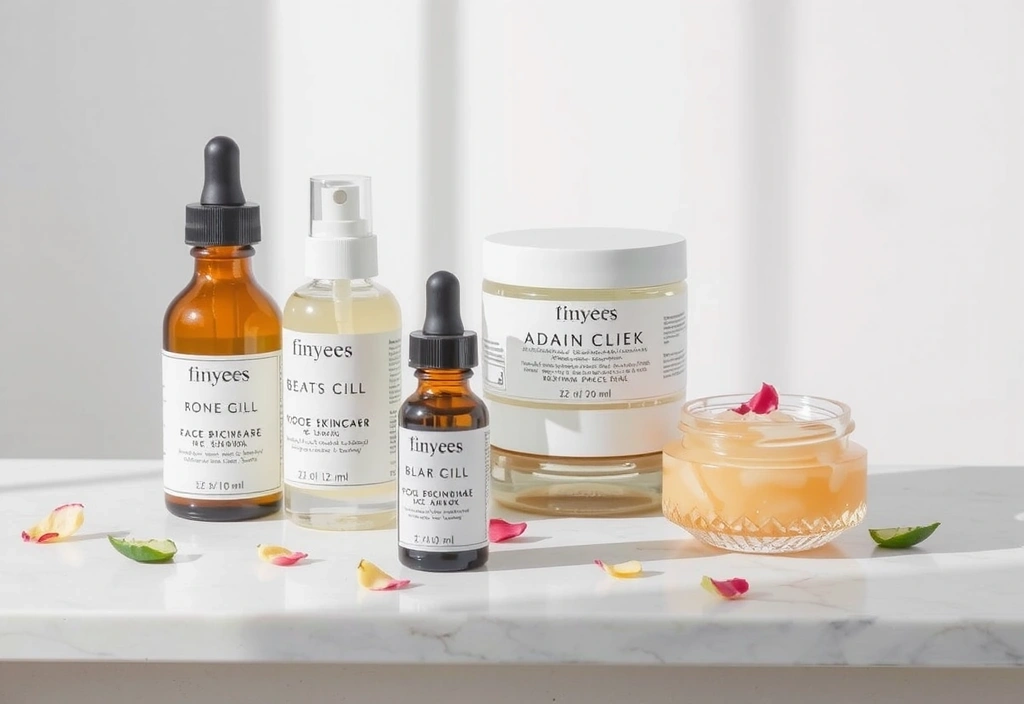 High-quality natural skincare products, including serum bottles, moisturizers, and facial masks, displayed on a minimalist white or marble surface. There are elegant glass containers with subtle botanical elements like rose petals or aloe vera leaves. The lighting is soft and luxurious, highlighting the textures and purity of the products. No text or branding visible.
