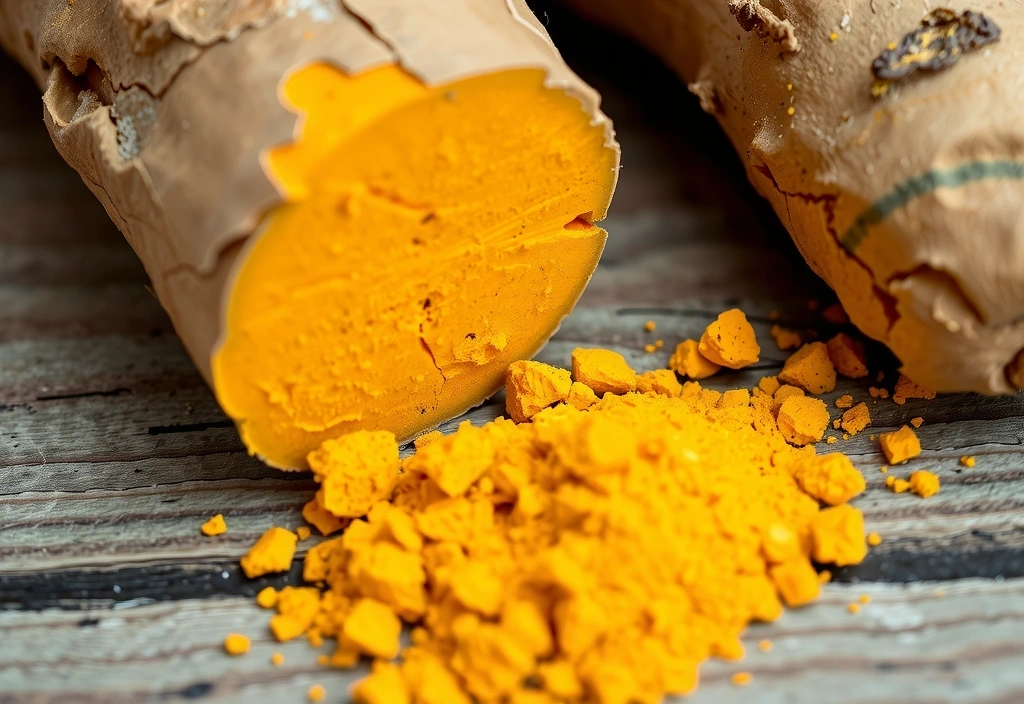 Close-up of golden turmeric root with a sprinkle of powder