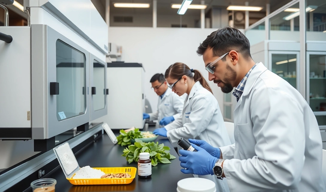 Scientists in a modern lab performing quality control tests on natural ingredients