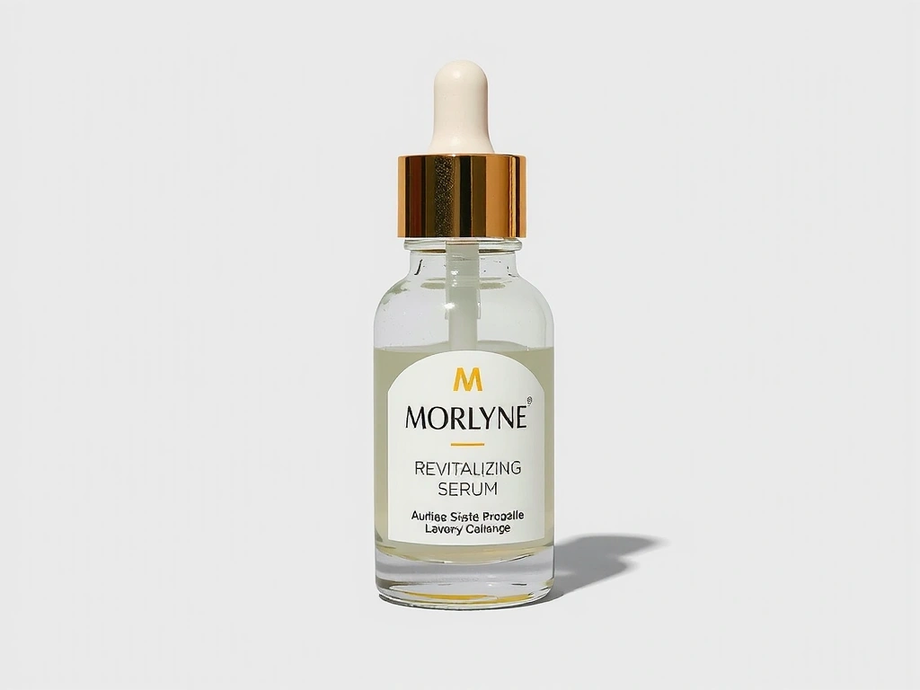 Morlyne Revitalizing Serum bottle close-up, focusing on the texture of the glass
