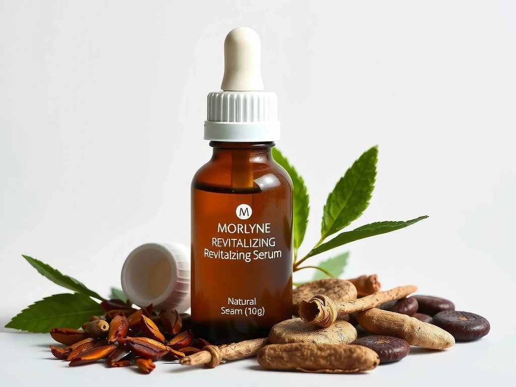 Morlyne Revitalizing Serum ingredients display, with natural herbs and extracts