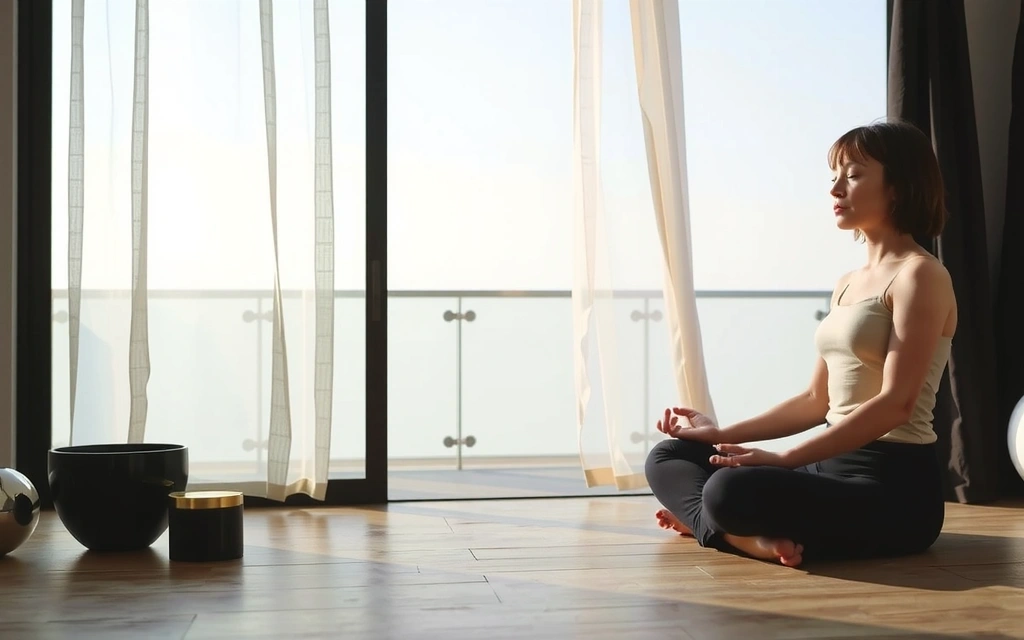 A person meditating calmly, symbolizing stress reduction and its positive impact on skin.