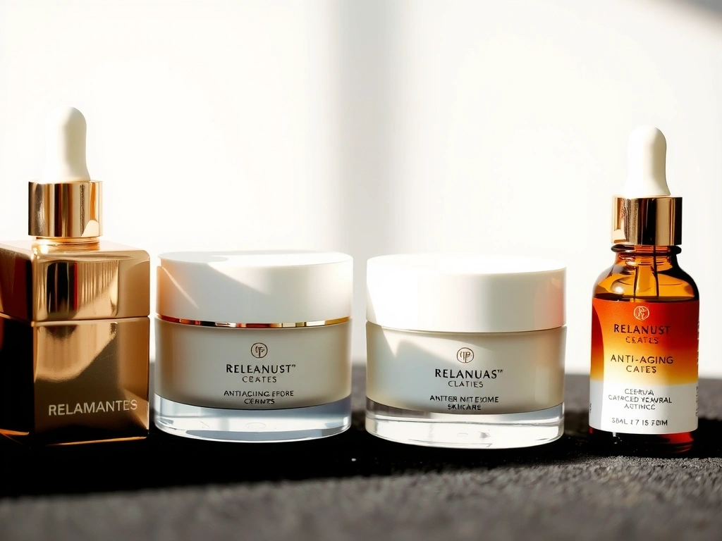 A collection of elegant anti-aging skincare products, featuring a cream jar and a serum bottle, surrounded by soft light.