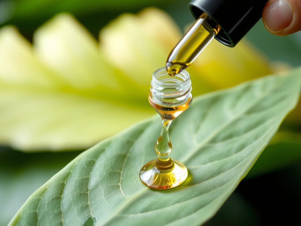 A delicate dropper bottle dispensing a clear serum onto a leaf, symbolizing natural efficacy and potency.