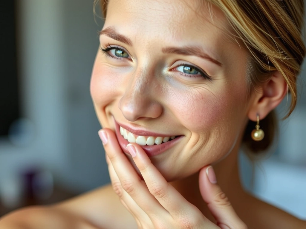 A woman with glowing, healthy skin smiling gently, representing the positive effects of good skincare.