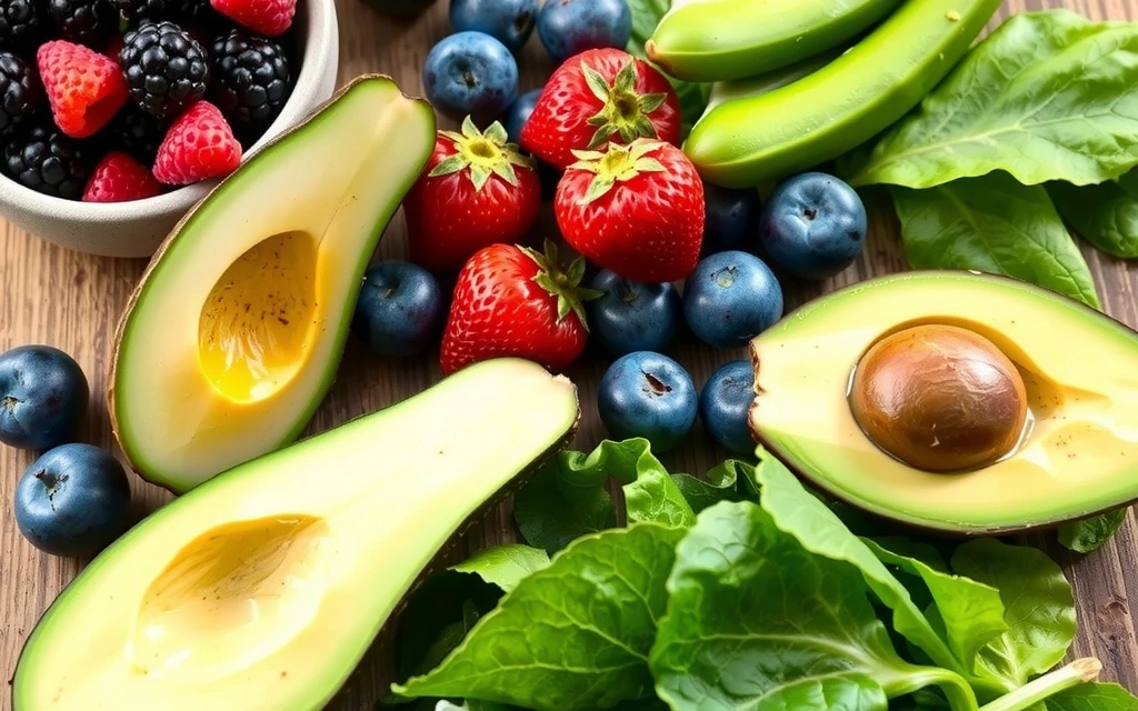 Various fruits and vegetables arranged beautifully, representing a healthy diet for glowing skin.