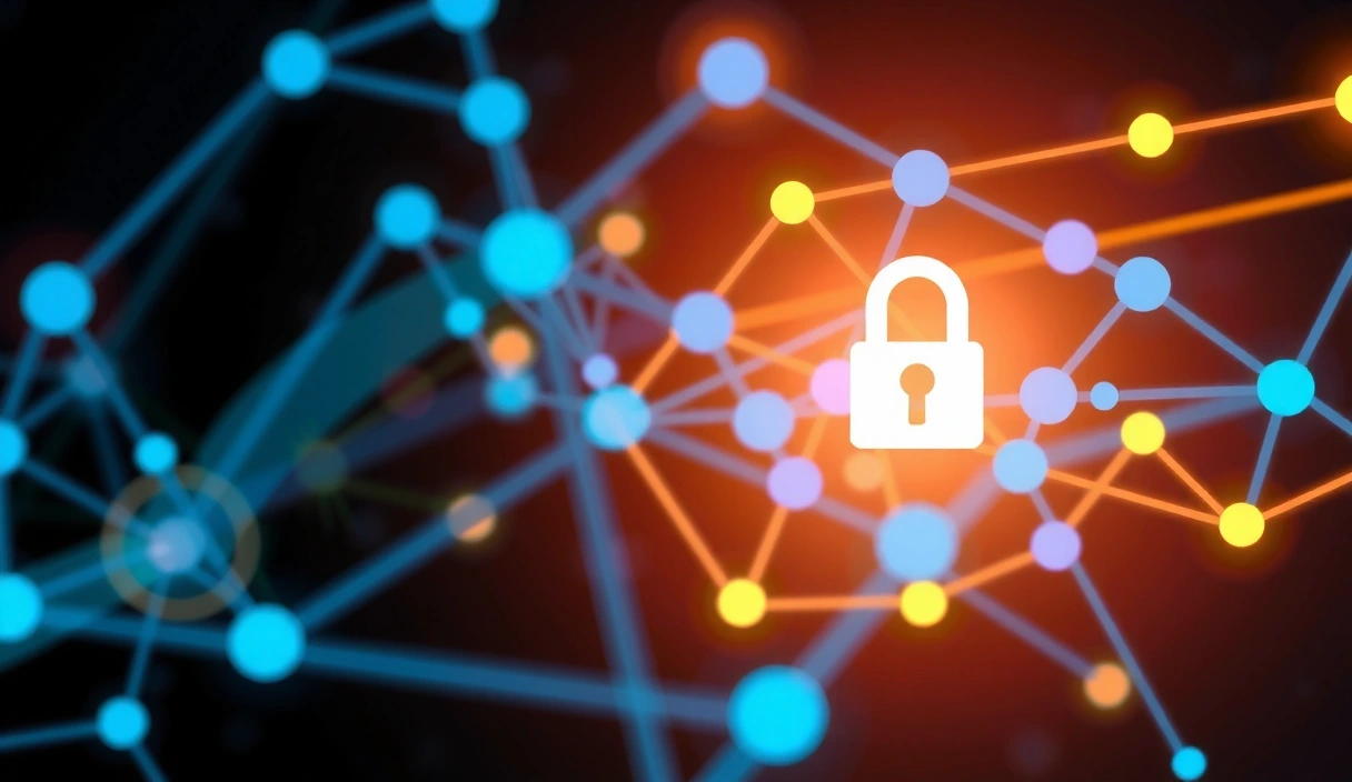 Abstract representation of intellectual property and digital security, with intertwined geometric shapes and glowing lines, symbolizing protection and ownership of online content.